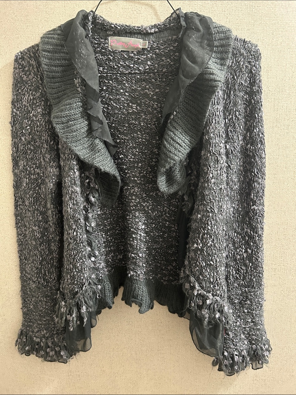 Pretty Angel Gray Textured Knit Ruffle-Trim Cardigan